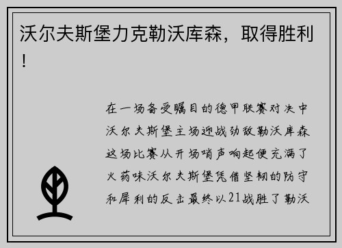 沃尔夫斯堡力克勒沃库森，取得胜利！